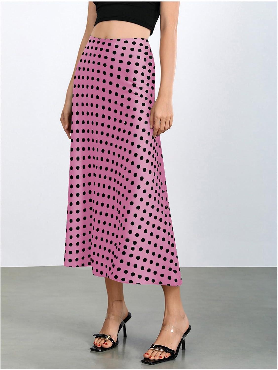 imageMakeMeChic Womens Silk Satin Polka Dots Midi Skirt Vintage Elegant Flowy Pencil Long SkirtsPink