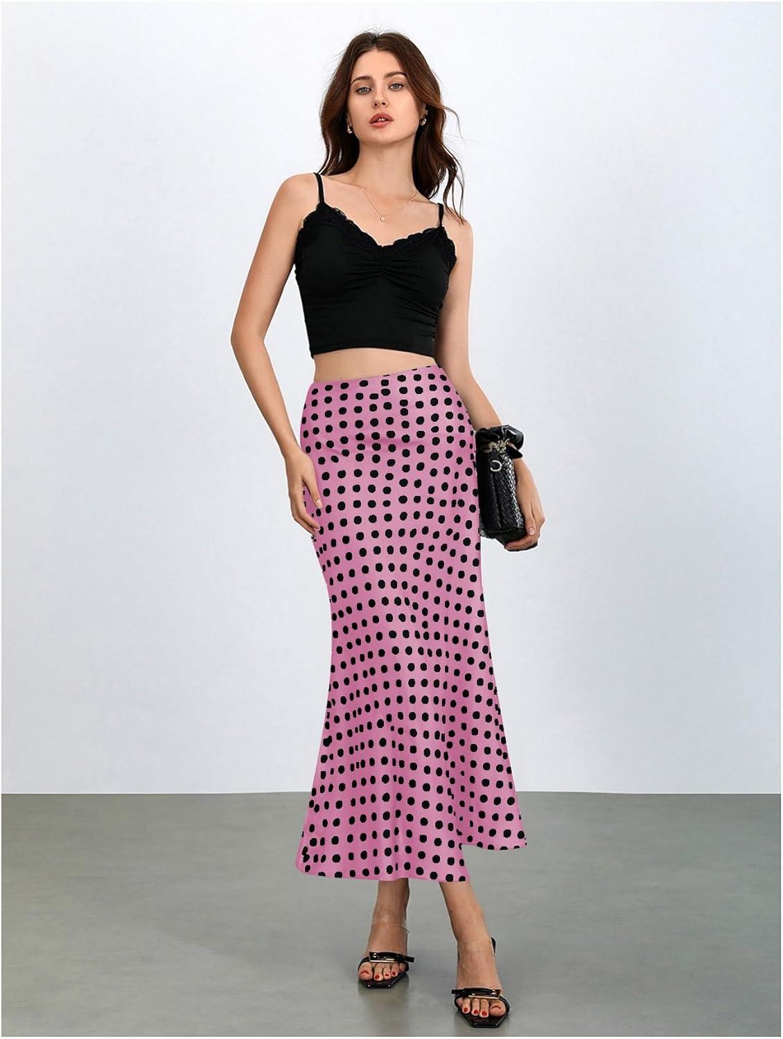 imageMakeMeChic Womens Silk Satin Polka Dots Midi Skirt Vintage Elegant Flowy Pencil Long SkirtsPink