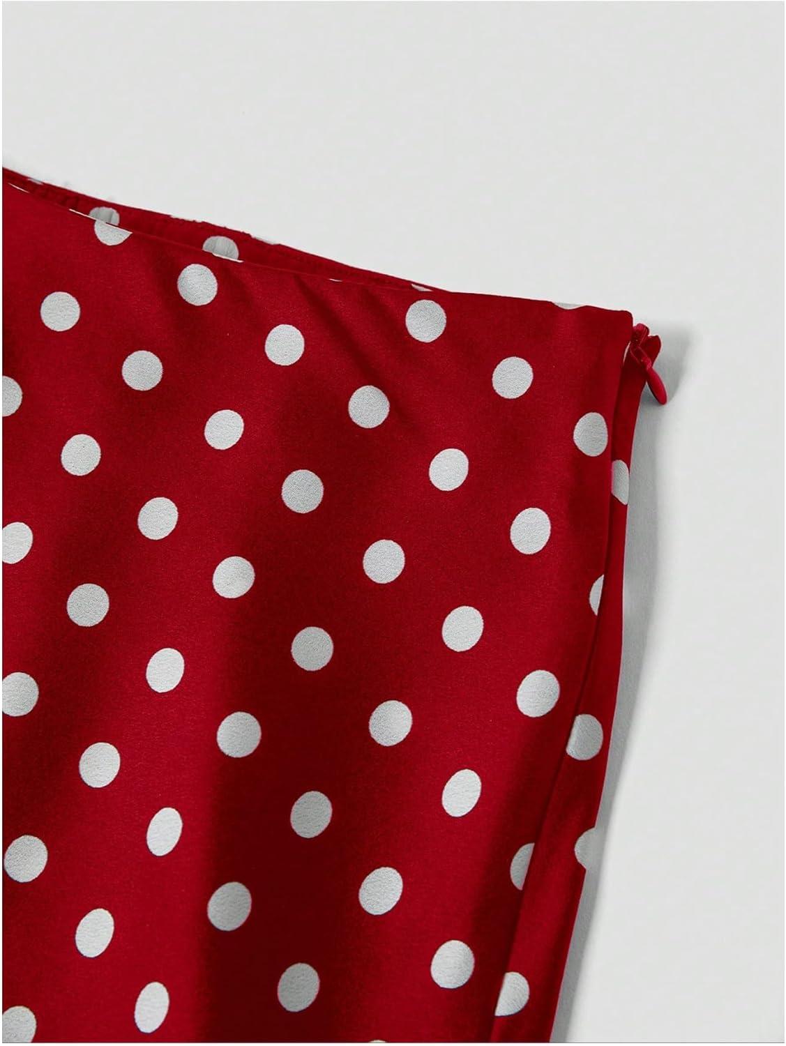 imageMakeMeChic Womens Silk Satin Polka Dots Midi Skirt Vintage Elegant Flowy Pencil Long SkirtsRed