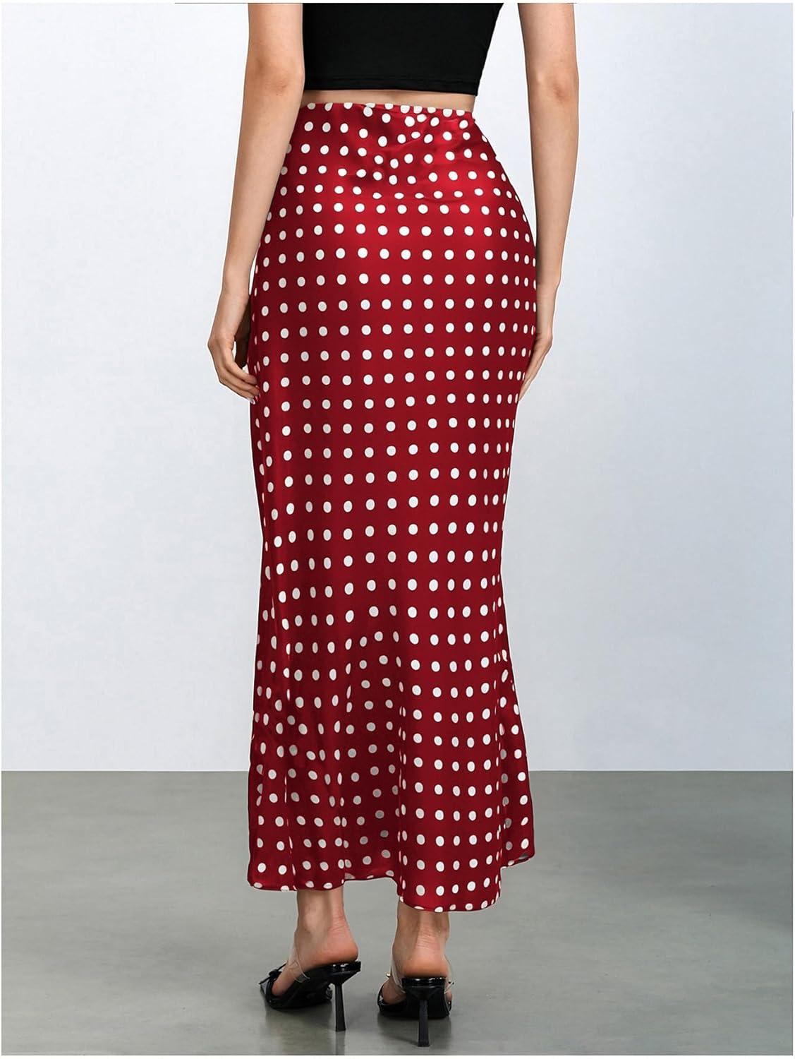imageMakeMeChic Womens Silk Satin Polka Dots Midi Skirt Vintage Elegant Flowy Pencil Long SkirtsRed
