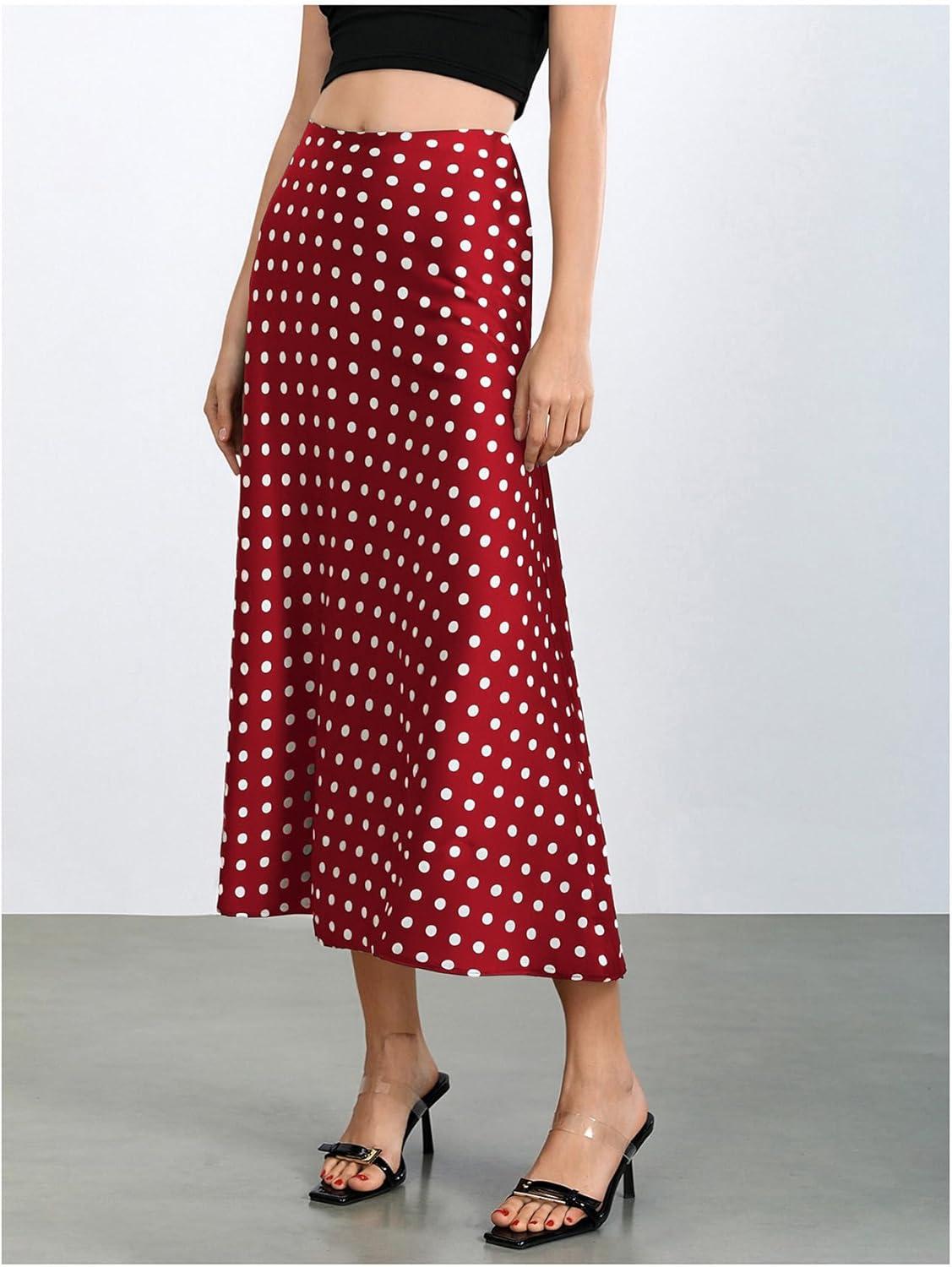 imageMakeMeChic Womens Silk Satin Polka Dots Midi Skirt Vintage Elegant Flowy Pencil Long SkirtsRed