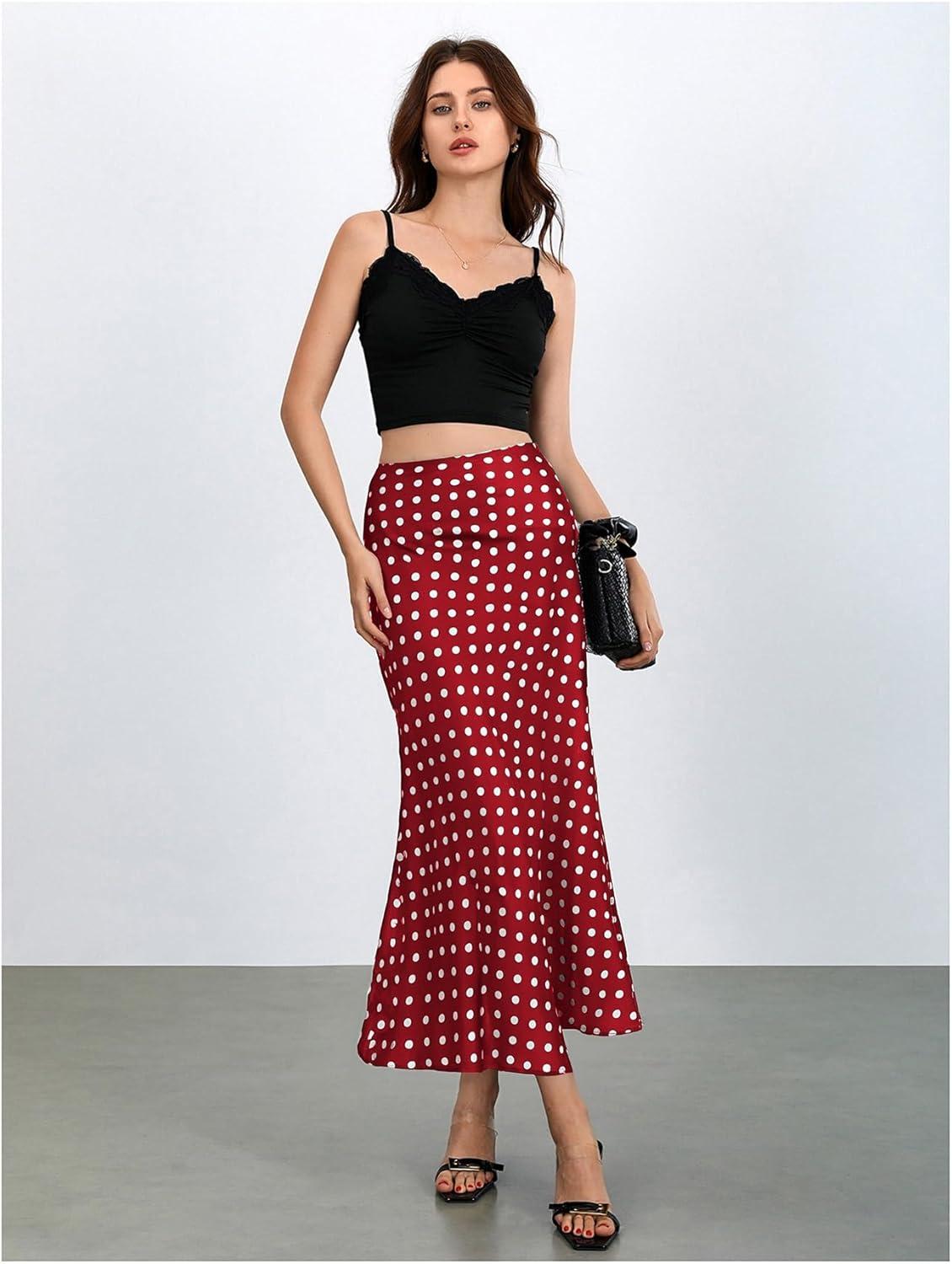 imageMakeMeChic Womens Silk Satin Polka Dots Midi Skirt Vintage Elegant Flowy Pencil Long SkirtsRed