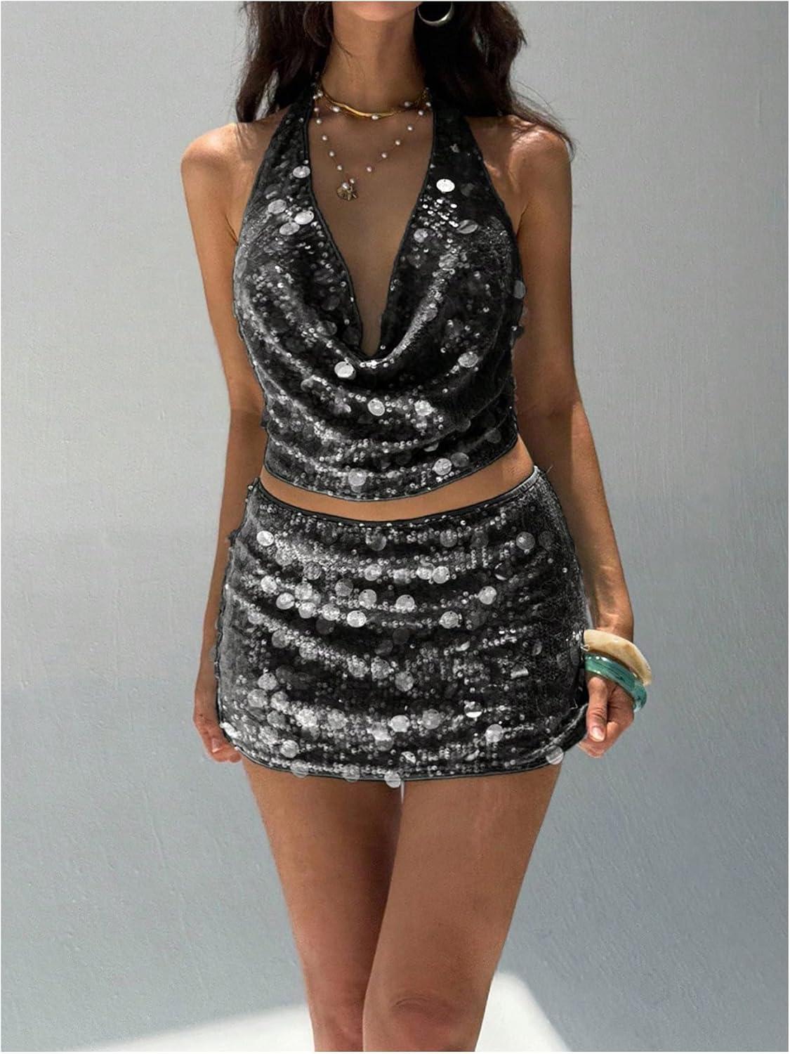 imageMakeMeChic Womens Sparkling Sequin Ruched Skirt Bodycon Going Out Y2K Party SkirtsBlack