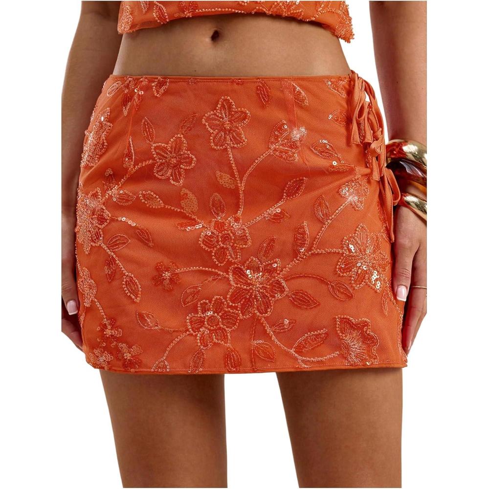 imageMakeMeChic Womens Floral Embroidery Mini Skirt Low Waist Tie Side Split SkirtsOrange