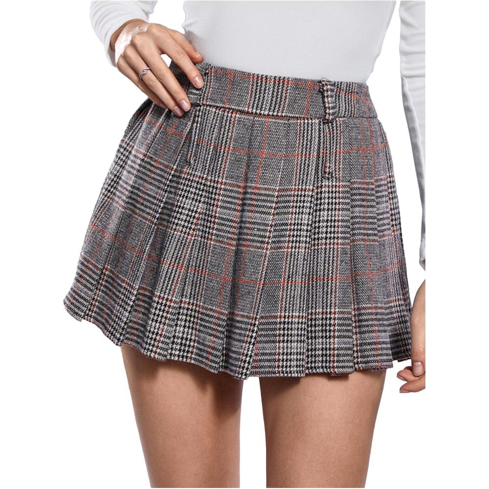 imageMakeMeChic Womens Plaid Pleated Mini Skirt Drop Waist A Line Skater Tartan Skirts Without BeltApricot