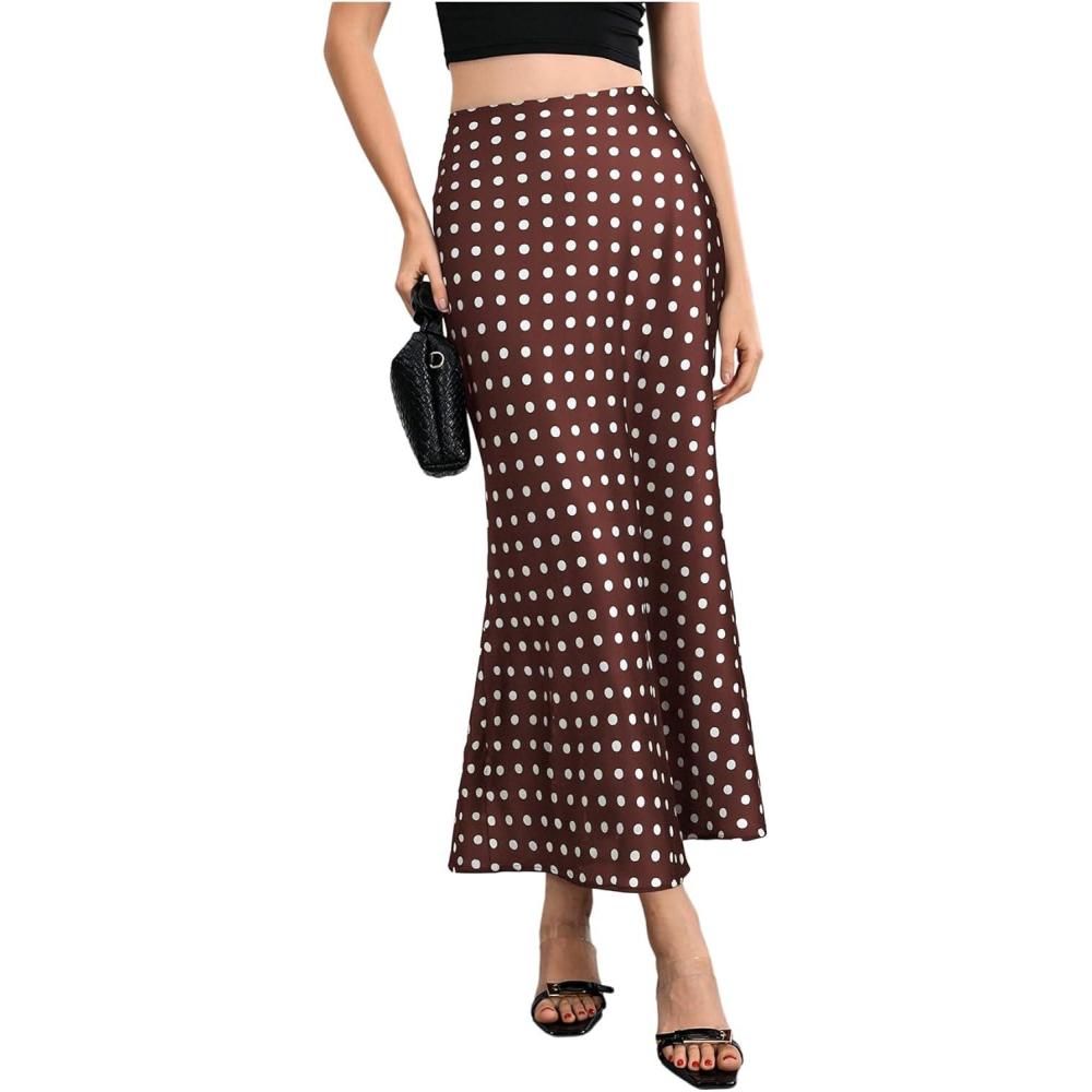 imageMakeMeChic Womens Silk Satin Polka Dots Midi Skirt Vintage Elegant Flowy Pencil Long SkirtsBrown