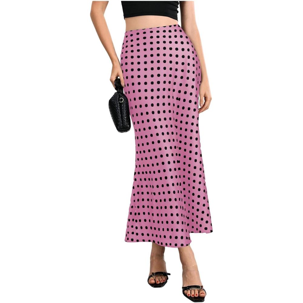 imageMakeMeChic Womens Silk Satin Polka Dots Midi Skirt Vintage Elegant Flowy Pencil Long SkirtsPink