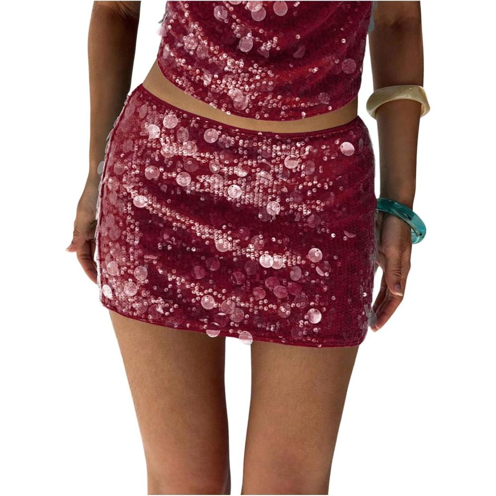 imageMakeMeChic Womens Sparkling Sequin Ruched Skirt Bodycon Going Out Y2K Party SkirtsBurgundy