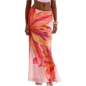 imageMakeMeChic Maxi Long Skirt for Women Mesh Y2k Summer Floral Flowy SkirtPink