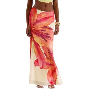imageMakeMeChic Maxi Long Skirt for Women Mesh Y2k Summer Floral Flowy SkirtYellow