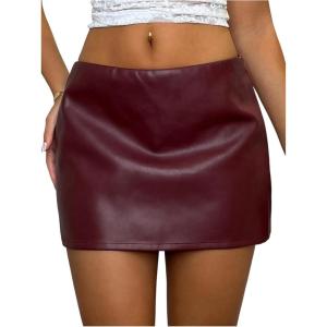 imageMakeMeChic Womens Faux Leather Mini Skirt Low Waist Party Club Short Skirts StreetwearBurgundy