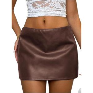 imageMakeMeChic Womens Faux Leather Mini Skirt Low Waist Party Club Short Skirts StreetwearCoffee Brown