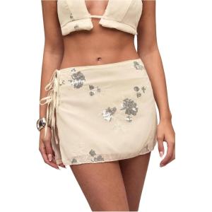 imageMakeMeChic Womens Floral Embroidery Mini Skirt Low Waist Tie Side Split SkirtsApricot
