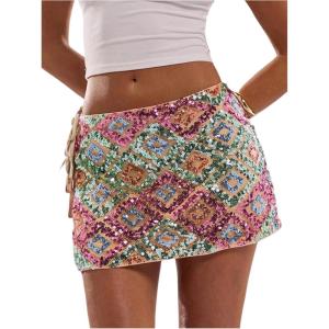 imageMakeMeChic Womens Floral Embroidery Mini Skirt Low Waist Tie Side Split SkirtsGreen Boho