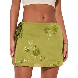 imageMakeMeChic Womens Floral Embroidery Mini Skirt Low Waist Tie Side Split SkirtsOlive Green