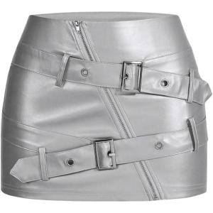 imageMakeMeChic Womens PU Leather Buckle Mini Skirt Drop Waisted Summer Y2K Zipper Club Bodycon SkirtsSilver