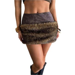 imageMakeMeChic Womens PU Leather Fuzzy Mini Skirt Low Waisted Faux Fur Bodycon Y2K SkirtsBrown