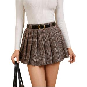 imageMakeMeChic Womens Plaid Pleated Mini Skirt Drop Waist A Line Skater Tartan Skirts Without BeltCoffee Brown