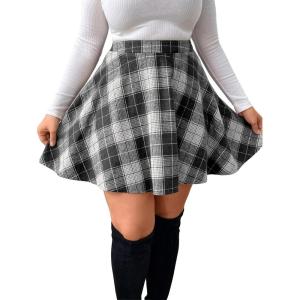 imageMakeMeChic Womens Plus Size Plaid Mini Skirt High Waisted Aline Flare Pleated SkirtPlus Dark Grey