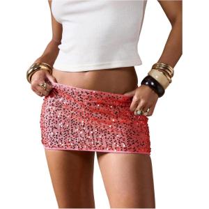 imageMakeMeChic Womens Sequin Mini Skirt Low Waisted Sparkly Micro Pencil SkirtRed
