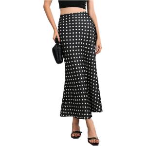 imageMakeMeChic Womens Silk Satin Polka Dots Midi Skirt Vintage Elegant Flowy Pencil Long SkirtsBlack