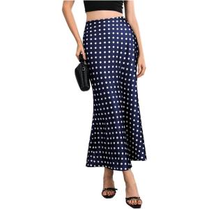 imageMakeMeChic Womens Silk Satin Polka Dots Midi Skirt Vintage Elegant Flowy Pencil Long SkirtsBlue