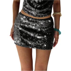 imageMakeMeChic Womens Sparkling Sequin Ruched Skirt Bodycon Going Out Y2K Party SkirtsBlack