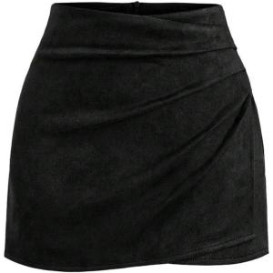 imageMakeMeChic Womens Suede Skirt Ruched Zip Back Bodycon Vintage Wrap Y2K Short SkirtsBlack