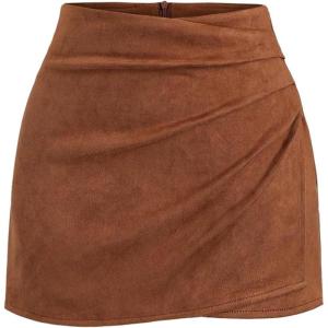 imageMakeMeChic Womens Suede Skirt Ruched Zip Back Bodycon Vintage Wrap Y2K Short SkirtsBrown