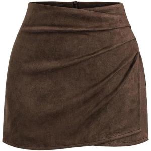 imageMakeMeChic Womens Suede Skirt Ruched Zip Back Bodycon Vintage Wrap Y2K Short SkirtsChocolate Brown