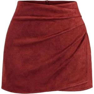 imageMakeMeChic Womens Suede Skirt Ruched Zip Back Bodycon Vintage Wrap Y2K Short SkirtsRed
