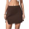 imageMakeMeChic Womens Lace Trim Mini Skirt Split Hem Bodycon Short Party Club SkirtsBrown