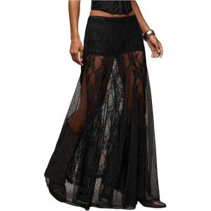 imageMAKEMECHIC Womens Lace Sheer Maxi Skirts Floral Polka Dots A Line Ruffle Boho Goth Long SkirtsBlack