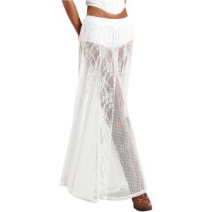 imageMAKEMECHIC Womens Lace Sheer Maxi Skirts Floral Polka Dots A Line Ruffle Boho Goth Long SkirtsWhite