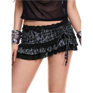 imageMakeMeChic Womens Cheetah Print Lace Skirt Ruched Drawstring Tiered Ruffle Y2k Mini SkirtsBlack