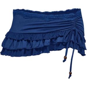 imageMakeMeChic Womens Cheetah Print Lace Skirt Ruched Drawstring Tiered Ruffle Y2k Mini SkirtsBlue