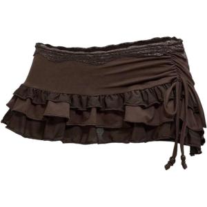 imageMakeMeChic Womens Cheetah Print Lace Skirt Ruched Drawstring Tiered Ruffle Y2k Mini SkirtsBrown C