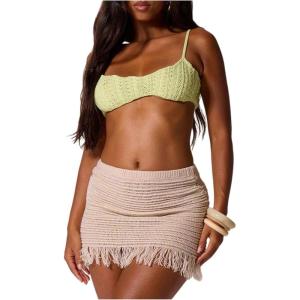 imageMakeMeChic Womens Crochet Skirt Low Waist Fringe Knit Bodycon Summer Short SkirtsMulticolor