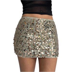 imageMakeMeChic Womens Floral Sequin Mini Skirt Drop Waisted Bodycon Summer Party Short SkirtsGold Green