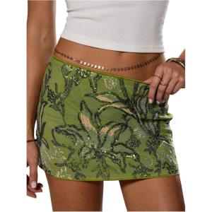 imageMakeMeChic Womens Floral Sequin Mini Skirt Drop Waisted Bodycon Summer Party Short SkirtsGreen