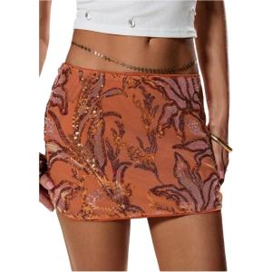 imageMakeMeChic Womens Floral Sequin Mini Skirt Drop Waisted Bodycon Summer Party Short SkirtsOrange