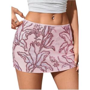 imageMakeMeChic Womens Floral Sequin Mini Skirt Drop Waisted Bodycon Summer Party Short SkirtsPink