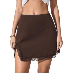 imageMakeMeChic Womens Lace Trim Mini Skirt Split Hem Bodycon Short Party Club SkirtsBrown