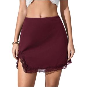 imageMakeMeChic Womens Lace Trim Mini Skirt Split Hem Bodycon Short Party Club SkirtsBurgundy