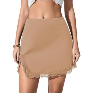 imageMakeMeChic Womens Lace Trim Mini Skirt Split Hem Bodycon Short Party Club SkirtsKhakia