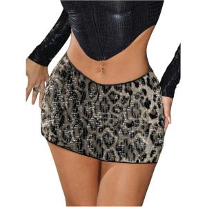imageMakeMeChic Womens Leopard Cheetah Print Sequin Mini Skirt Glitter Short Skirts Club OutfitsGrey