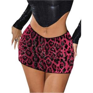 imageMakeMeChic Womens Leopard Cheetah Print Sequin Mini Skirt Glitter Short Skirts Club OutfitsRed