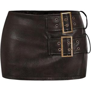 imageMakeMeChic Womens PU Leather Mini Skirt Buckle Bodycon Party Skirts Skort ClubwearBrown