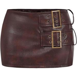 imageMakeMeChic Womens PU Leather Mini Skirt Buckle Bodycon Party Skirts Skort ClubwearCoffee Brown