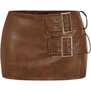 imageMakeMeChic Womens PU Leather Mini Skirt Buckle Bodycon Party Skirts Skort ClubwearKhaki